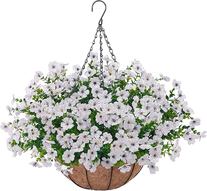 Artificial Faux Hanging Plants Flowers Basket for Outdoors Decoration,Hanging Planters with Fake Silk Daisy Flowers for Outside,UV Resistant Realistic Porch Patio Balcony Garden Yard Home Decor（White）