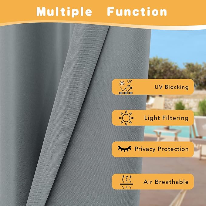 HolidayIdeas Outdoor Curtains for Patio Waterproof, 4 Panels - 54 x 84 Inch - Privacy Protection & Light Filtering Curtains Grey Grommet Outside Curtains for Porch, Gazebo, Pergola, Backyard