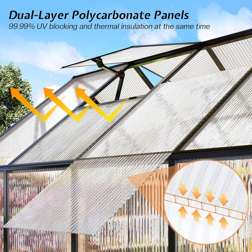 jocisland 6x12x6.3 ft polycarbonate walk-in greenhouse with dual showing dimensions