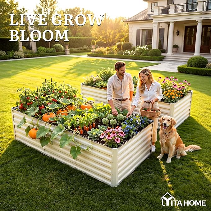 YITAHOME 8x4x2ft Large Raised Garden Bed Kit, Galvanized Metal Planter Box with Gloves, Support Rod & Safety Rubber, Outdoor Above Ground Planters for Plants Vegetables Flowers, Cream Yellow