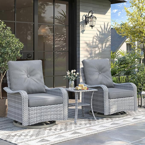 2-Seat Modern Patio Furniture Set with Swivel Rocking Chairs, Thick 4″ Cushions, Dual-Strand Wicker Rattan, Rust-Resistant Steel Frame – Outdoor Conversation & Modular Sectional,Gray