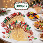 300 Pack Christmas Cocktail Picks Party Supplies, 15 Kinds of Toothpicks for Appetizers, 5.1 Inch Natural Bamboo Tree Cocktail Picks Charcuterie Drink Stirrers Skewers Holiday Decorations Decor