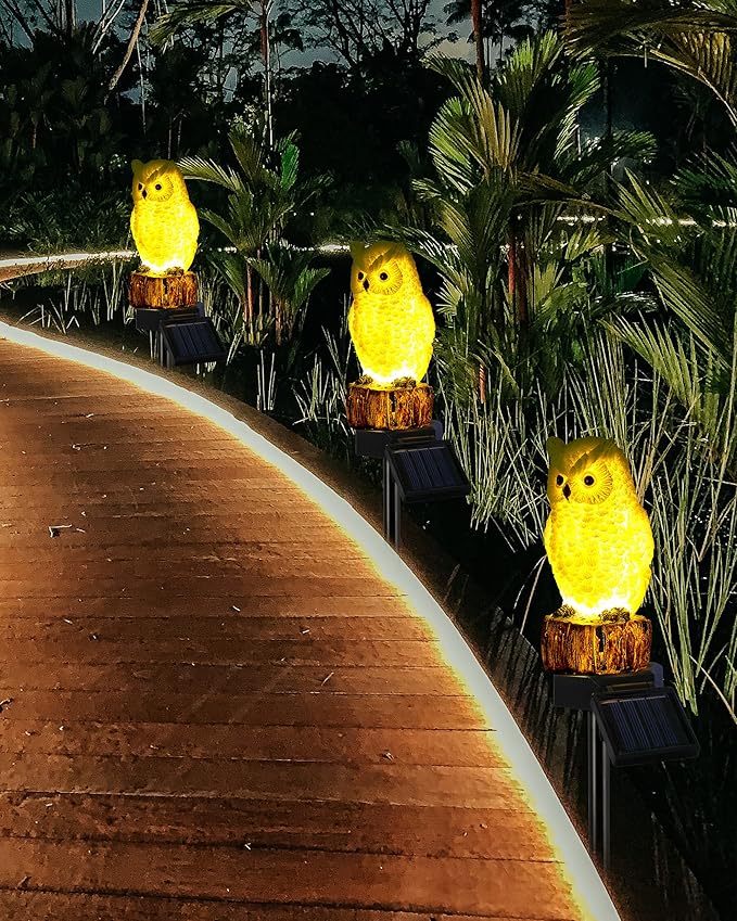 iStatue 4PC Solar Owl Garden Stake Lights Gifts for Women Mom Dad Mother's Day Realistic Resin Owl Outdoor Garden Decor, Warm Glow LED for Lawn Yard Pathway (4-Pack, Owl)