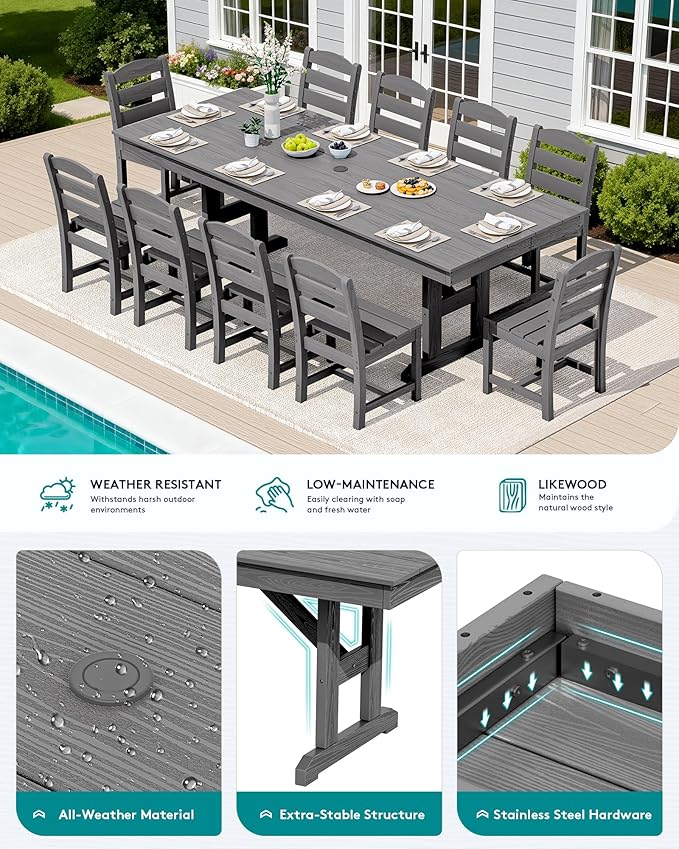 SERWALL Outdoor Dining Table, 84" Rectangular Dining Table for 6-10 Person, All Weather HDPE Outdoor Furniture for Backyard, Garden, Gray
