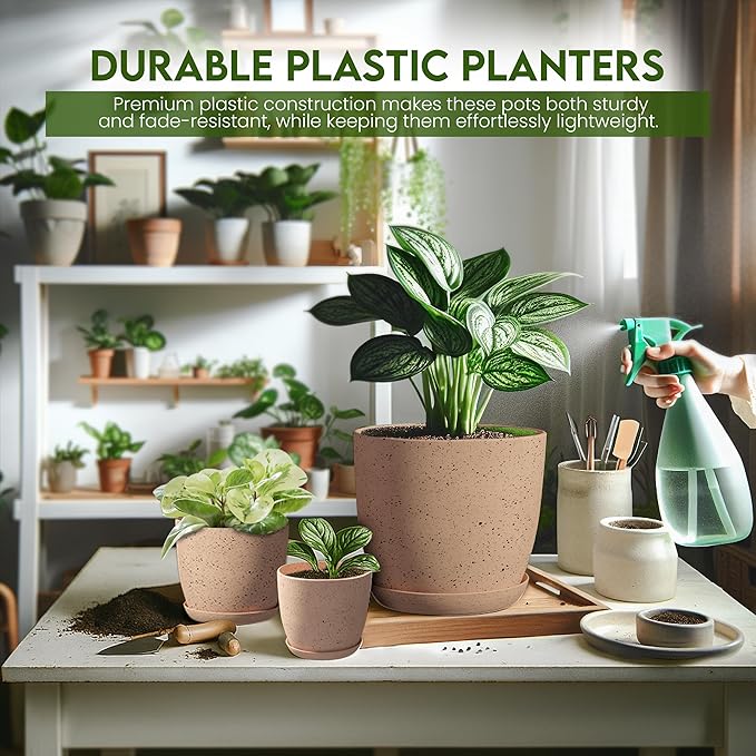 Utopia Home - Spotty Plant Pots Indoor with Drainage - 7/6.6/6/5.3/4.8 Inches Flower Pots - 10 Pack Plastic Planters - Ideal for Stocking Stuffers - (Speckled Peach Pink, Pack of 10)
