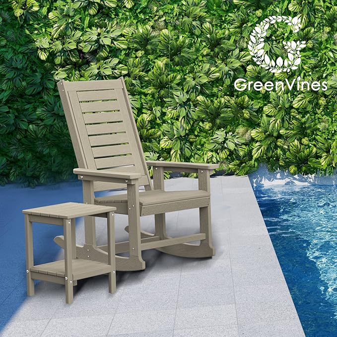 GREENVINES Outdoor Rocking Chairs | Set of 4 | Porch Rocker | HDPE Plastic | Wood Grain | Oversized Rockers | High Back | Big & Tall | Ladder Back | Desert Brown | for Patio Outside