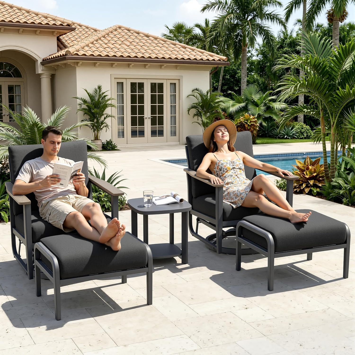 Aluminum Patio Swivel Rocking Chair Outdoor Bistro Set with Ottomans | 5PCS Outdoor Patio Furniture Set with High Backrest Patio Conversation Set Lounge Chair for Deck, Balcony, Dark Grey