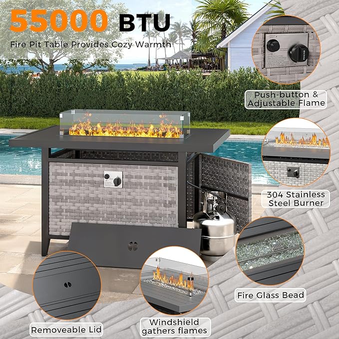14-Seat Outdoor Wicker Patio Furniture Set with Fire Pit Table, Modular Rattan Sectional Sofa & 2 Swivel Rocking Chairs, 4" Thick Cushions, Rust-Resistant Frame,Beige