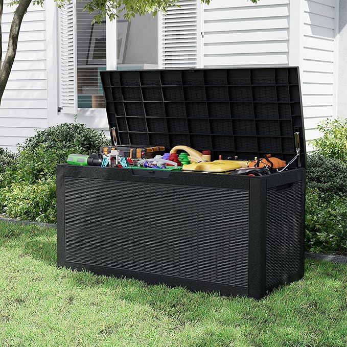 Outdoor Storage Box, Resin Deck Boxes Indoor and outdoor, Waterproof Storage Box Lockable Lid (Black, 101 Gallon)