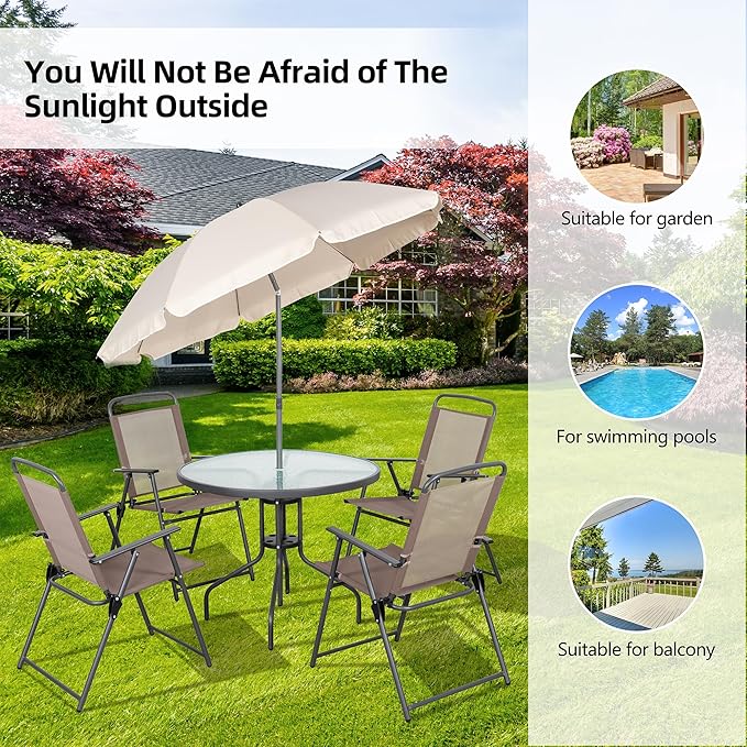 Vongrasig 6 Pieces Folding Patio Dining Set, All Weather Small Metal Outdoor Table and Chair Set, Garden Patio Furniture Set w/Umbrella, Glass Table & 4 Folding Chairs for Lawn, Backyard, Brown