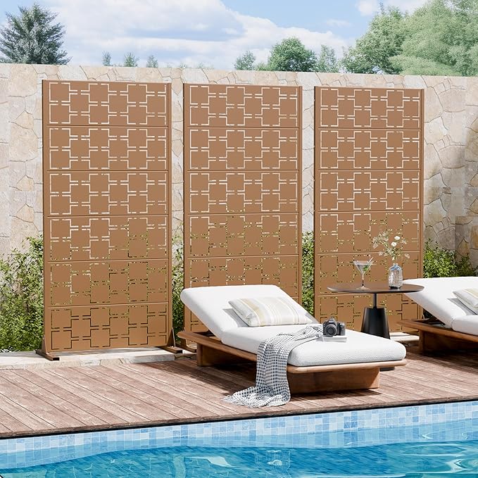 Casaphoria Metal Privacy Screen Outdoor, 72" H x 35" W Freestanding Decorative Privacy Screen for Patio Deck Balcony Garden with Stable Base, Brown-Square
