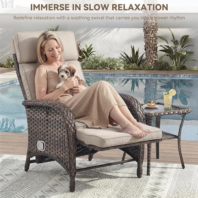Zero Gravity Wicker Patio Recliner Chairs Set of 2 - Wicker Outdoor Lounge Chair with Adjustable Backrest & Footrest, All Weather Outdoor Reclining Chairs with Thick Cushion for Pool Deck Beige