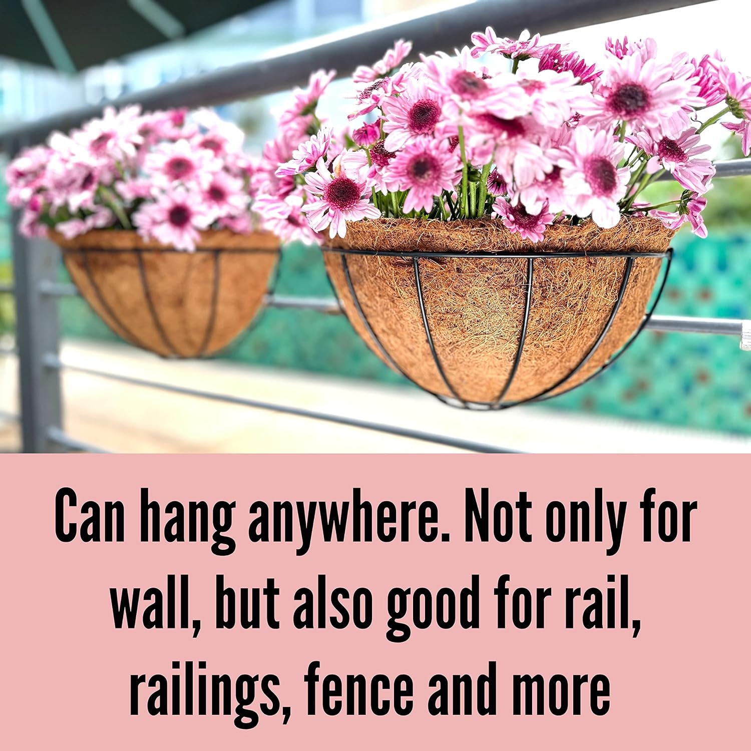 LaLaGreen Wall Hanging Planters (12 Inch, 2 Pack) Wall Mounted Flower Baskets with Coco Liner, Metal Iron Wire Plant Holder for Outdoor Window Box Herb Outside Fence Railing Deck Porch Balcony Garden