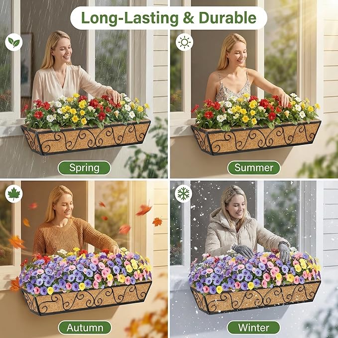 Y&M 30 Inch Window Deck with Coco Liner, Fence Metal Hanging Flower Planter Window Basket Deck Railing Planter Boxes for Outdoor Garden Lawn-Butterfly, 4pcs