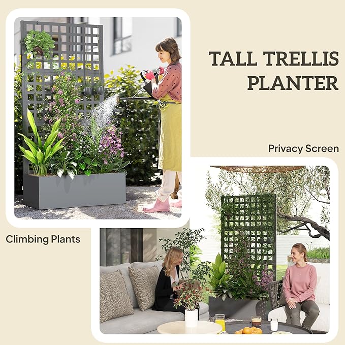 Outsunny Galvanized Raised Garden Bed with Trellis, Metal Planter Box with Drainage Holes, Outdoor Privacy Screen for Climbing Plants, Vegetable, Vines, 35" x 16" x 70", 2 Pack, Gray Wood Effect