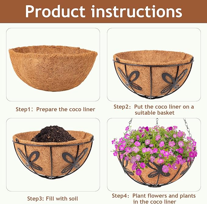 Hanging Baskets Planter for Plants, 2 Pack 8 Inch Round Metal Wire Hanging Flower Pots with Coco Coir Liner Chain, Plant Holder for Home Garden Balcony Decor