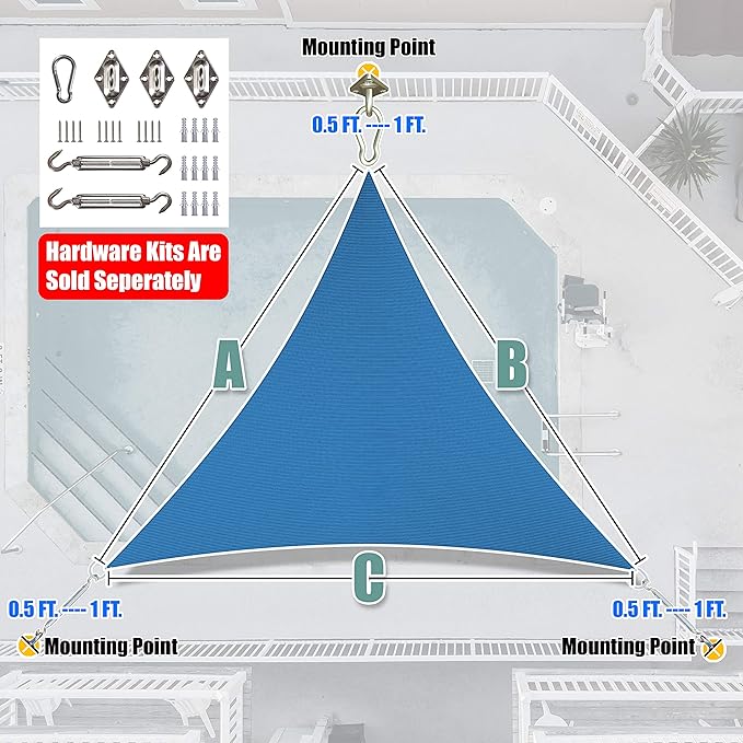 Amgo Custom Size 25' x 25' x 25' Blue Triangle Sun Shade Sail UPF50+ AGTAPRT12, Order to Make Canopy Awning, 95% UV Blockage, Water & Air Permeable, Commercial Standard (We Customize)