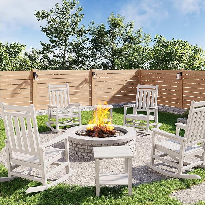HDPE Rocking Chair Outdoor Set of 2 with Side Table - Poly High Back Porch Rocker Chairs for Adults - All Weather Resistant Furniture for Patio Front Porch - White