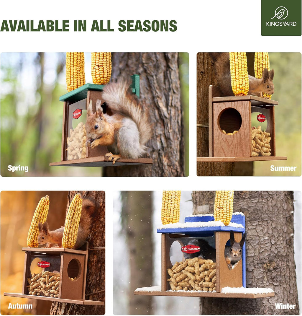 Kingsyard Squirrel Feeder Box for Outside, Recycled Plastic Squirrel Feeder Box with Corn Cob Holders, Easy to Refill & Clean, Weather-Proof (Brown) | Recycled Plastic, Corn Cob Holders, Extended Side Platform, Easy to Refill & Clean, Weatherproof Roof