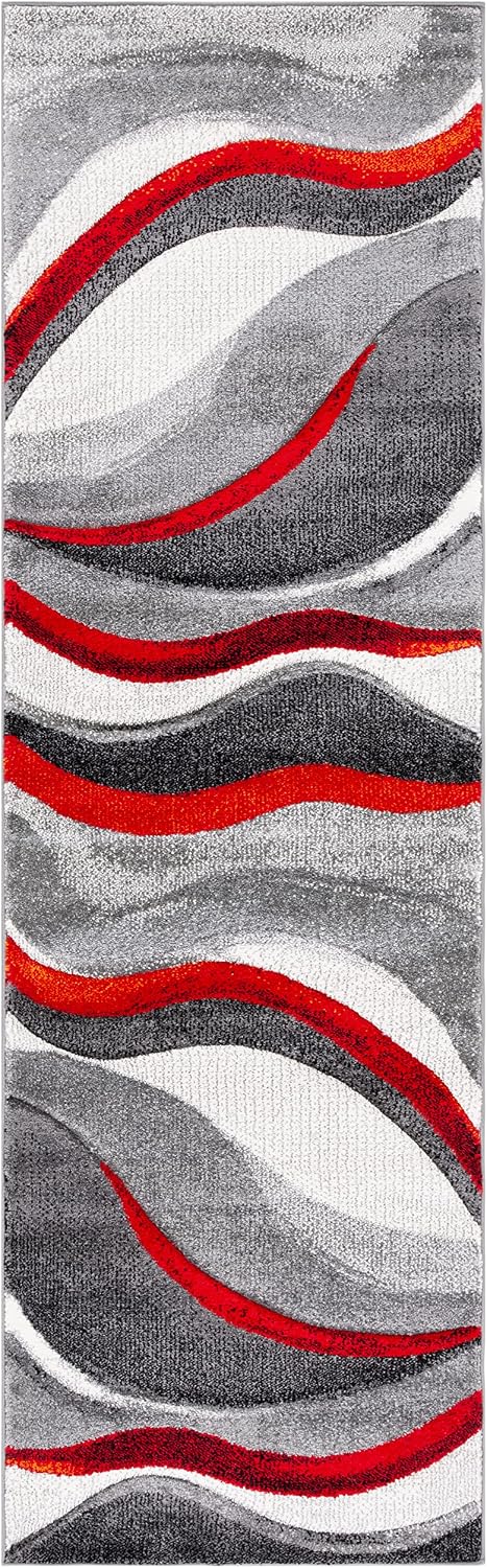 SAFAVIEH Hollywood Collection Runner Rug - 2'3" x 8', Grey & Red, Mid-Century Modern Design, Non-Shedding & Easy Care, Ideal for High Traffic Areas in Living Room, Bedroom (HLW766Q)