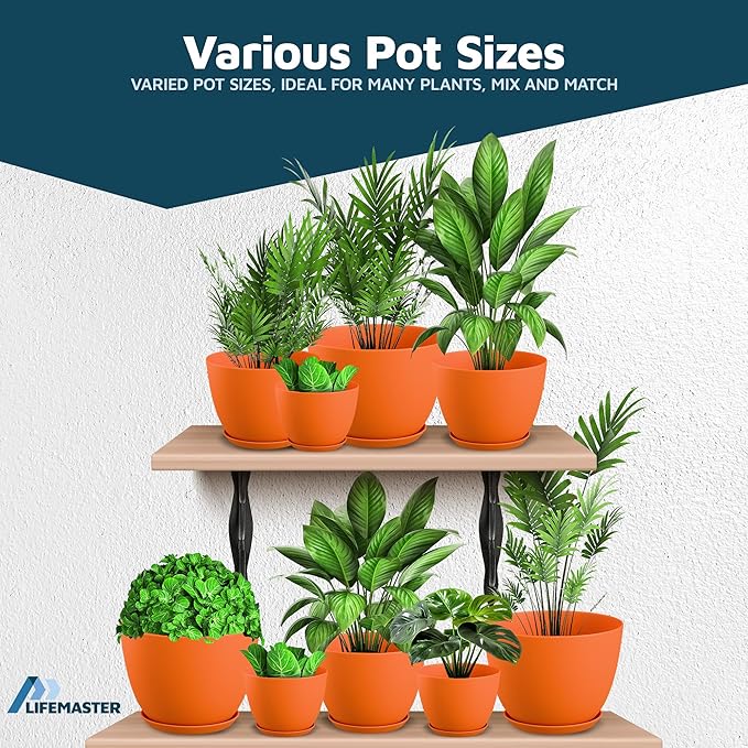 Yellow Plant Pots with Drainage Holes & Saucers 20 Pack, Indoor & Outdoor Stackable Space-Saving Planters for Houseplants & Flowers, (7", 6.7", 6", 5.3", and 4.8" Inches), Durable & Weatherproof