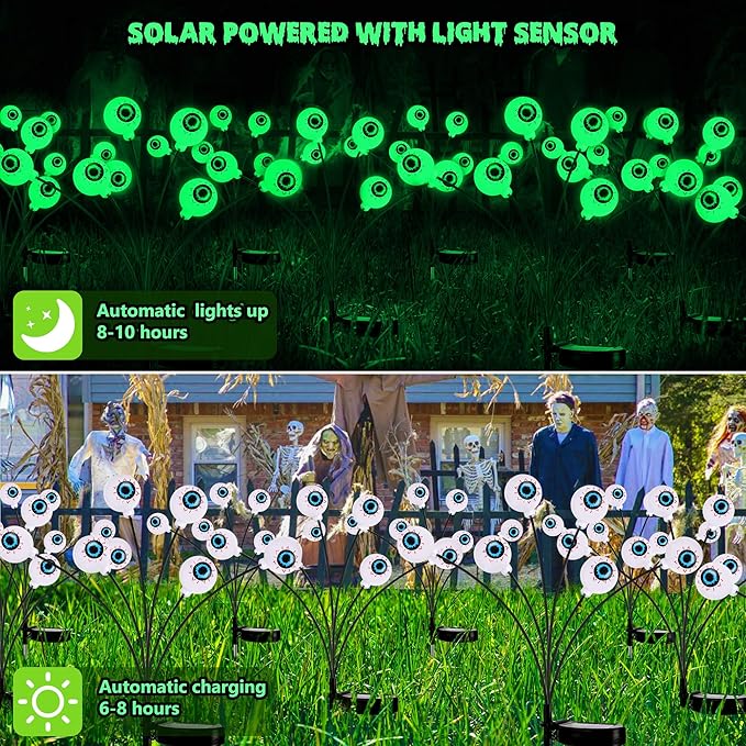 BrizLabs 4 Pack 24 LED Halloween Solar Lights, 2 Modes Outdoor Halloween Eyeball Pathway Lights, Solar Spooky Walkway Light Waterproof, Green Swaying Firefly Lighting for Path Yard Garden Lawn
