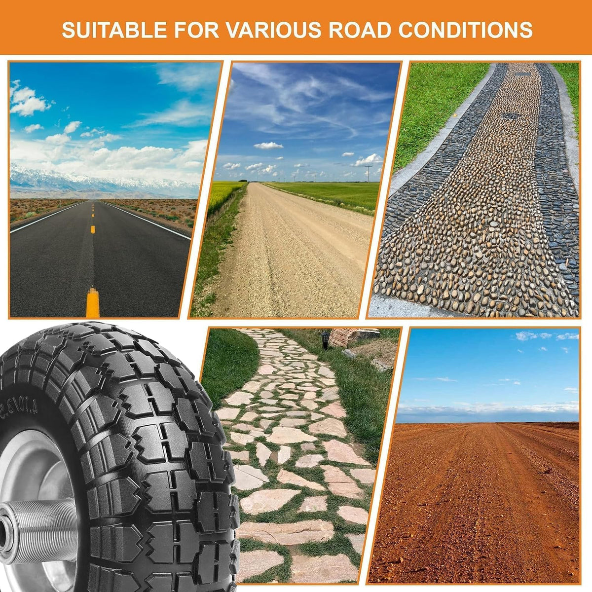 10" solid tires, 4.10/3.50-4 tire and wheel flat, package contents