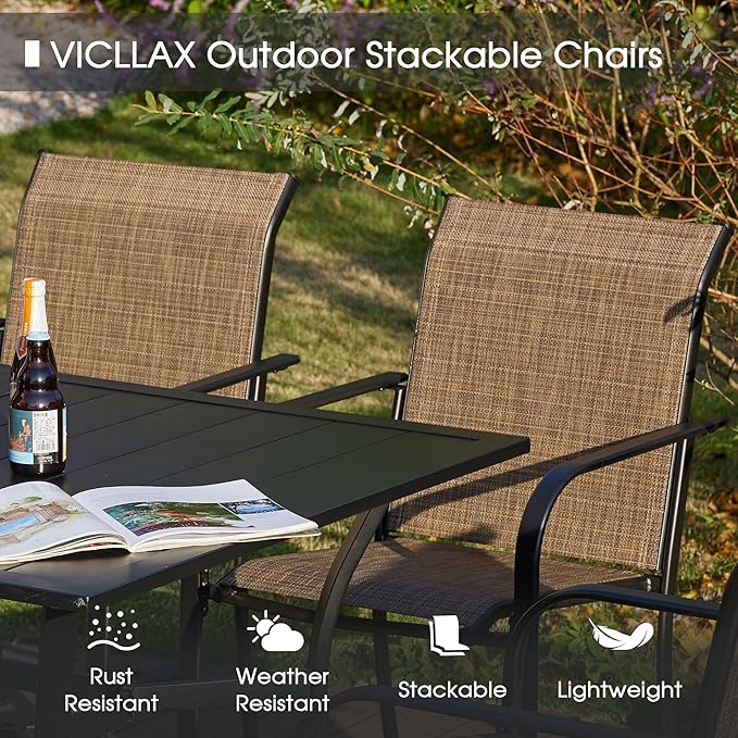 VICLLAX 3 Pieces Patio Dining Set for 2, Outdoor Furniture Set Includes 1 Small Patio Table and 2 Stackable Patio Sling Chairs, Patio Bistro Set for Outsides, Walnut Table and Brown Chairs