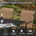 VICLLAX 3 Pieces Patio Dining Set for 2, Outdoor Furniture Set Includes 1 Small Patio Table and 2 Stackable Patio Sling Chairs, Patio Bistro Set for Outsides, Walnut Table and Brown Chairs