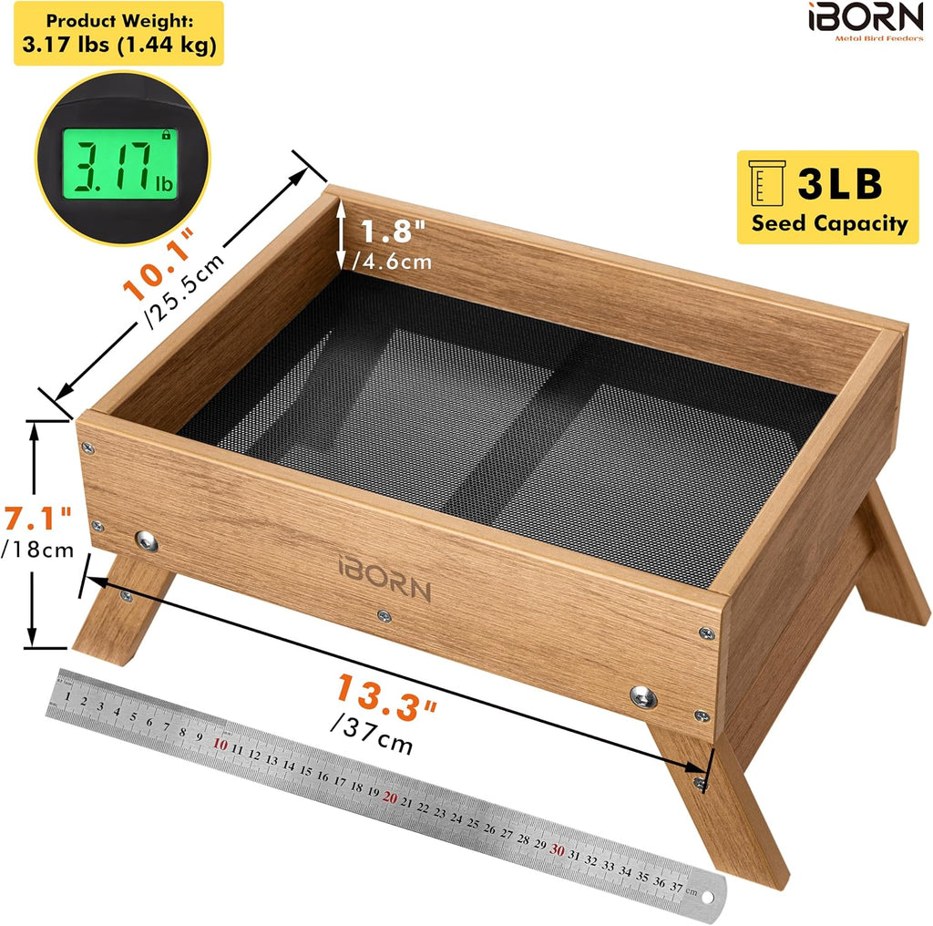 iBorn Ground Bird Feeder, Bird & Squirrel Platform Feeder for Outdoors, WPC Recycled Plastic, 3LB Large Capacity, Raw