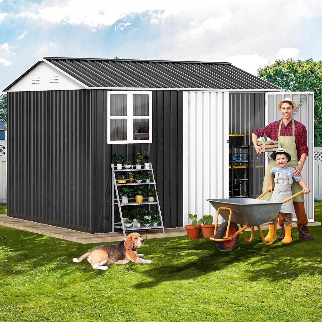 dwvo 10x8ft metal outdoor storage shed with window shown in use