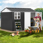dwvo 10x8ft metal outdoor storage shed with window shown in use