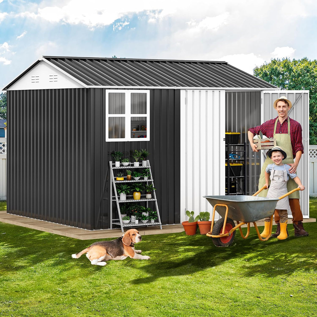 dwvo 10x8ft metal outdoor storage shed with window shown in use