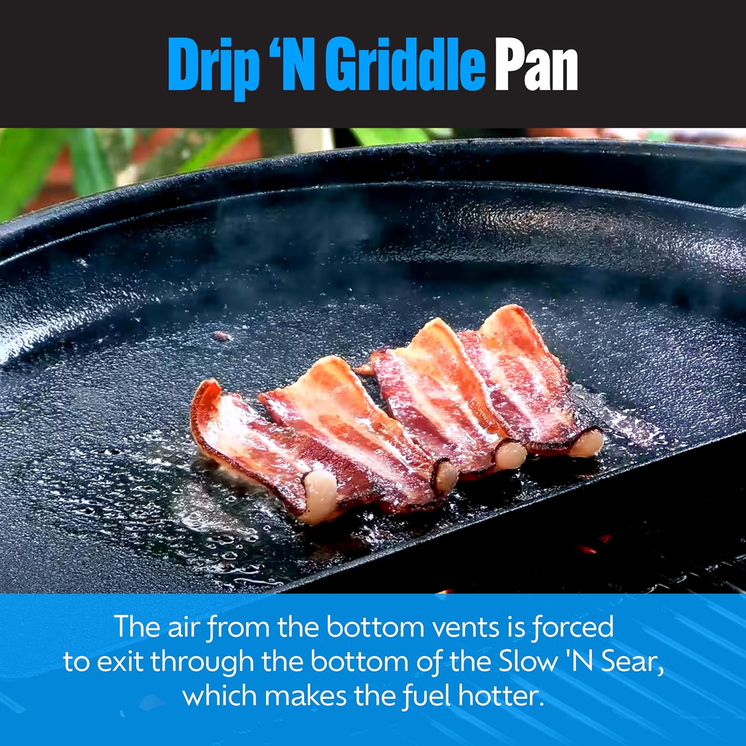 SnS Grills Slow ‘N Sear Cast Iron Drip 'N Griddle Pan 22", 3-in-1 Versatile Grill Accessory for Searing, Griddle and Drippings - Fits Weber® & Similar 22” Kettle Grills