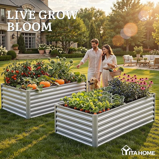 YITAHOME 6x3x2ft Large Raised Garden Bed Kit, Galvanized Metal Planter Box with Gloves, Ground Nails, Support Rod, Outdoor Above Ground Planters for Plants Vegetables Flowers, Silver