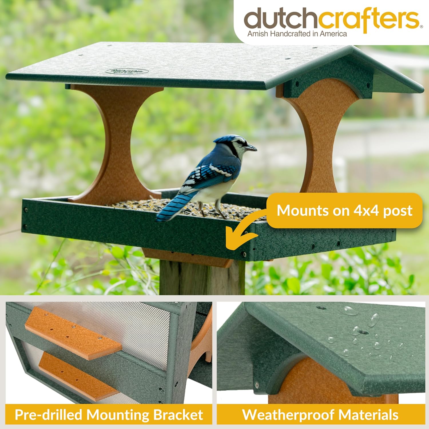 DutchCrafters Amish USA Made Poly Extra Large Fly Through Bird Feeder Post Mount for 4" x 4", Covered Bird Feeder Open Platform Seed Tray for Outdoor, Outside, Garden, Yard (Turf Green & Cedar)