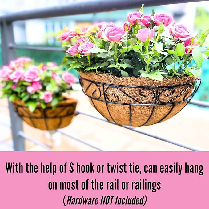 LaLaGreen Large Wall Planter Outdoor - 2 Pack, 14 Inch Large Fence Hanging Flower Baskets with Coco Liner, Herb Pots Holder Rail Planter Outside Railing Deck Porch Balcony Vertical Garden Privacy Wall