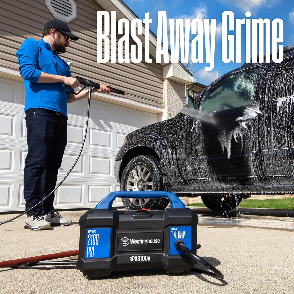 westinghouse epx3100v electric pressure washer, 2100 max psi shown in use