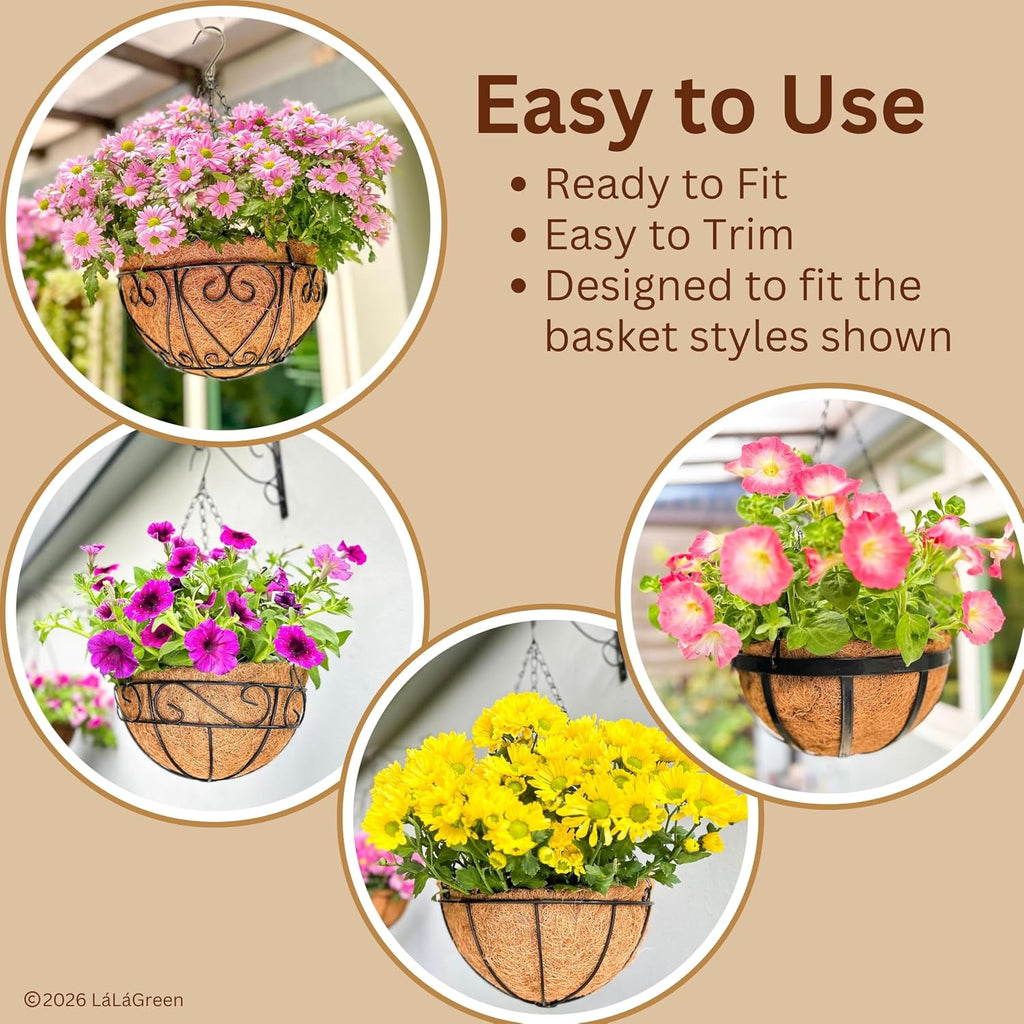 LaLaGreen 8'' (4 Pack, Round) Coco Liners for Hanging Basket – Small Coir Fiber Replacement for Flower Pot, Garden Holder, DIY Outdoor Planter – Multi Sizes 10/12/14/16/18/20 Inch & Different Shapes