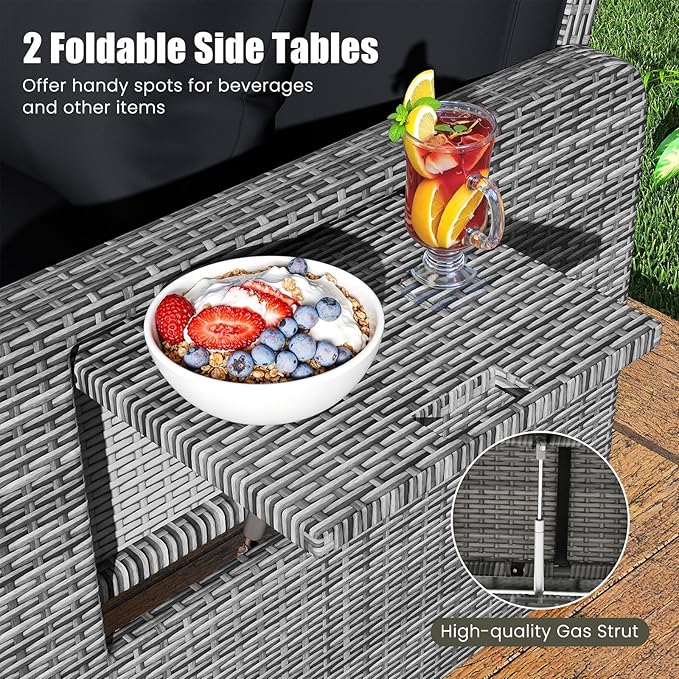 LDAILY Moccha Outdoor Daybed, Wicker Loveseat Sofa Set with 4-Postion Adjustable Backrest, Storage Ottoman, Cushions, Rattan Double Bed Lounger, Patio Furniture Set (Mixed Gray+Black)