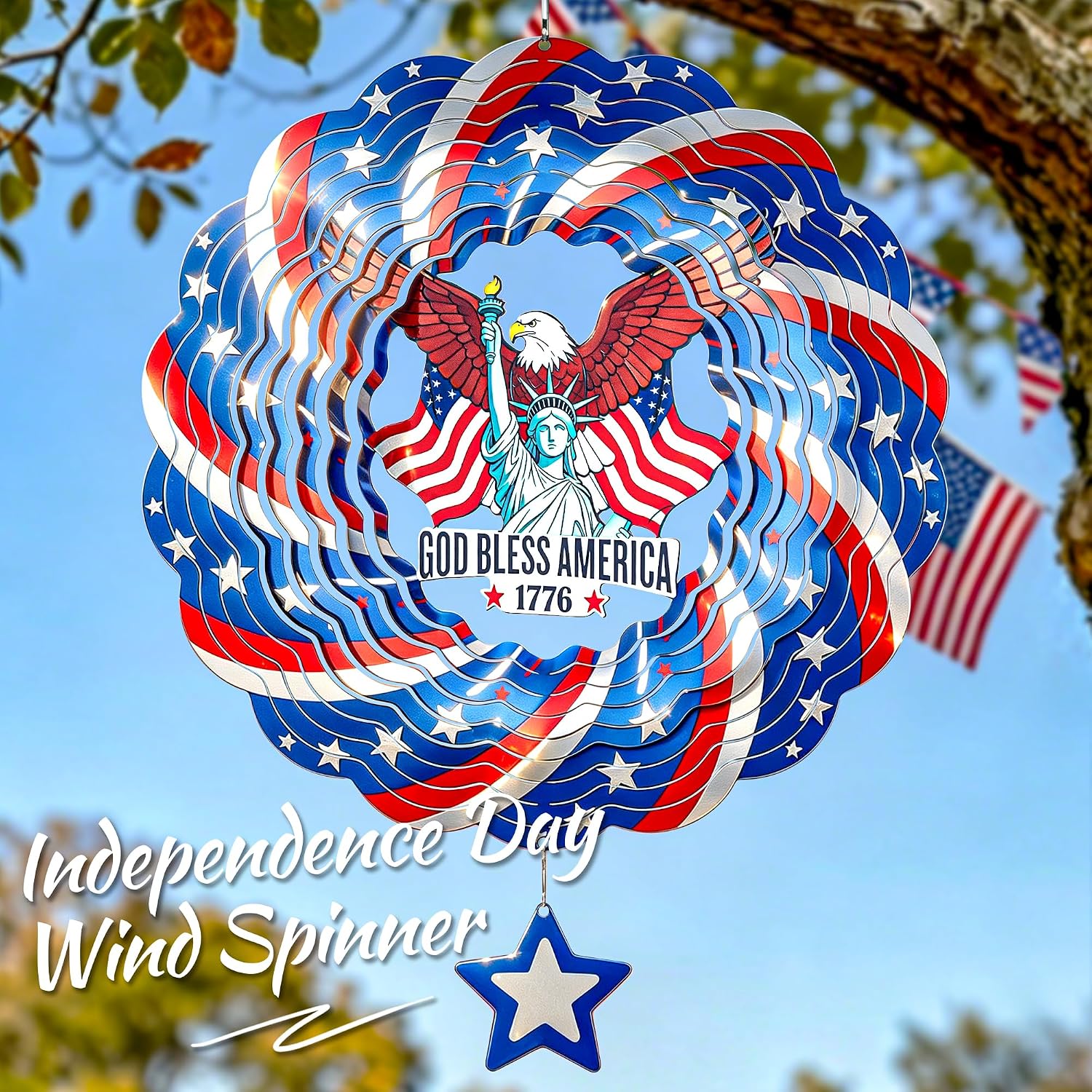 250th USA Anniversary 12 Inch Wind Spinner Patriotic Decoration | Patriotic Outdoor Garden Decor with Statue of Liberty Design, Stainless Steel Yard Art for Outdoor & Indoor, Gift for Men