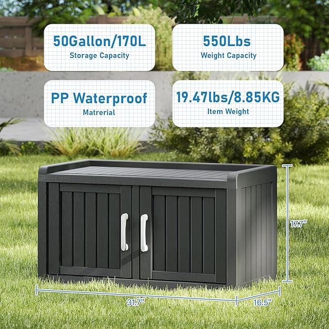 2-Tier Storage Bench, Waterproof UV-Resistant Outdoor Shoe Storage Cabinet with 2 Doors & Adjustable Shelves for Indoor Outdoor Entryway, Hallway, Living Room (Midnight Black)