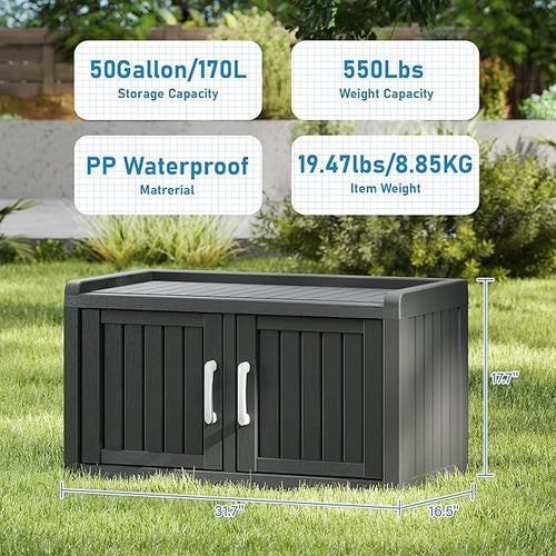 2-Tier Storage Bench, Waterproof UV-Resistant Outdoor Shoe Storage Cabinet with 2 Doors & Adjustable Shelves for Indoor Outdoor Entryway, Hallway, Living Room (Midnight Black)