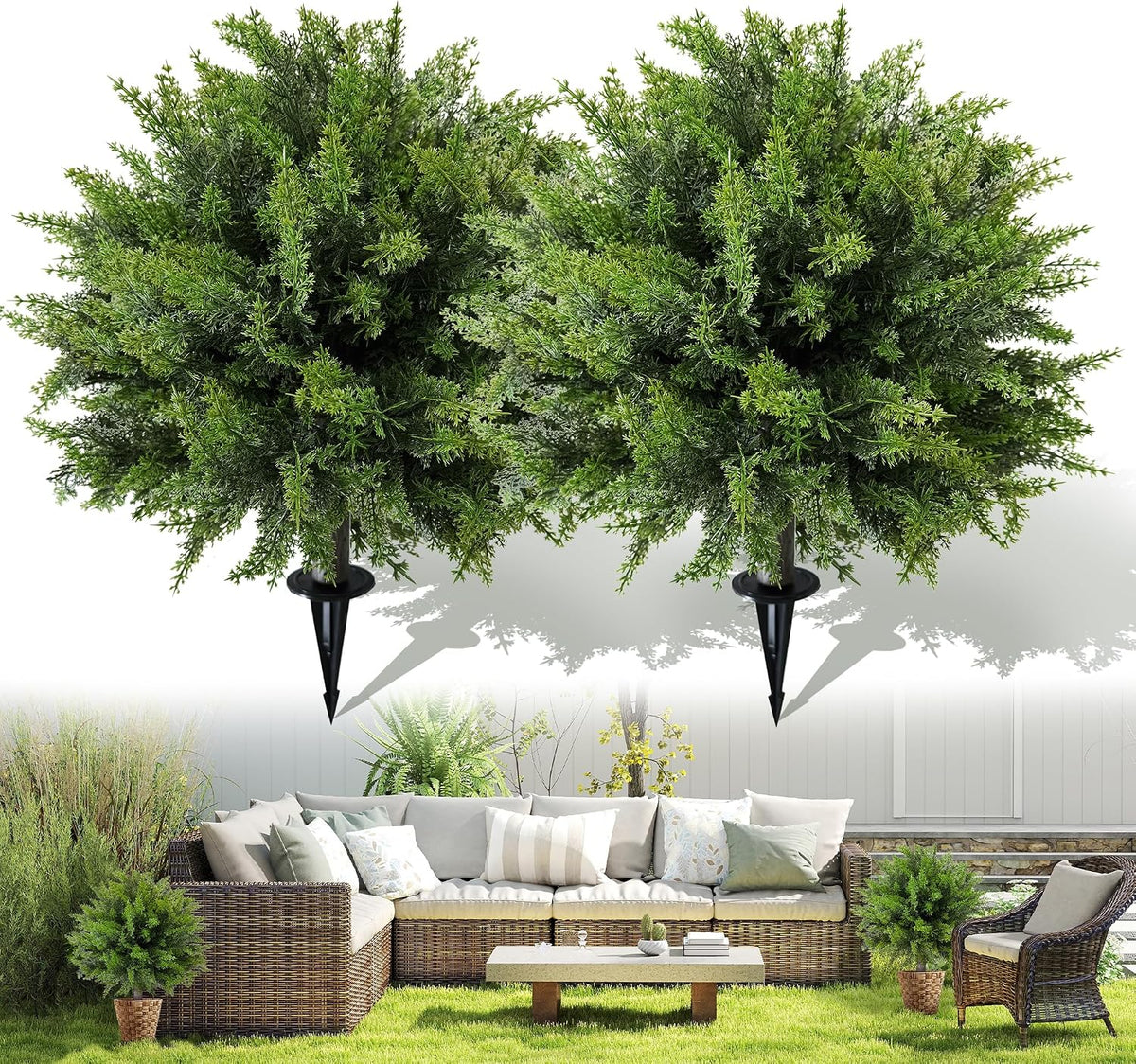 artificial cedar topiary ball tree with ground spike:, main product view