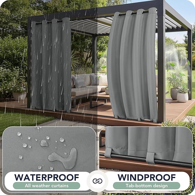 Gazebo Curtains Outdoor Waterproof 6 Panels - Windproof, Privacy, Weatherproof Outside Drapes for Patio Pergola Porch, Grommet Top and Tab Bottom Drape, 54x95 Inch, Grey