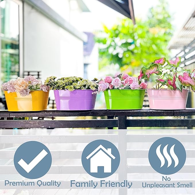 LaLaGreen Rail Planter Outdoor Plants (6 Pack, 9.8 Inch) Small and Cute Metal Iron Strawberry Hanging Flower Pot Deck Railing, Colorful Mini Fence Bucket Wall Mount Window Box Plant Holder Porch Decor