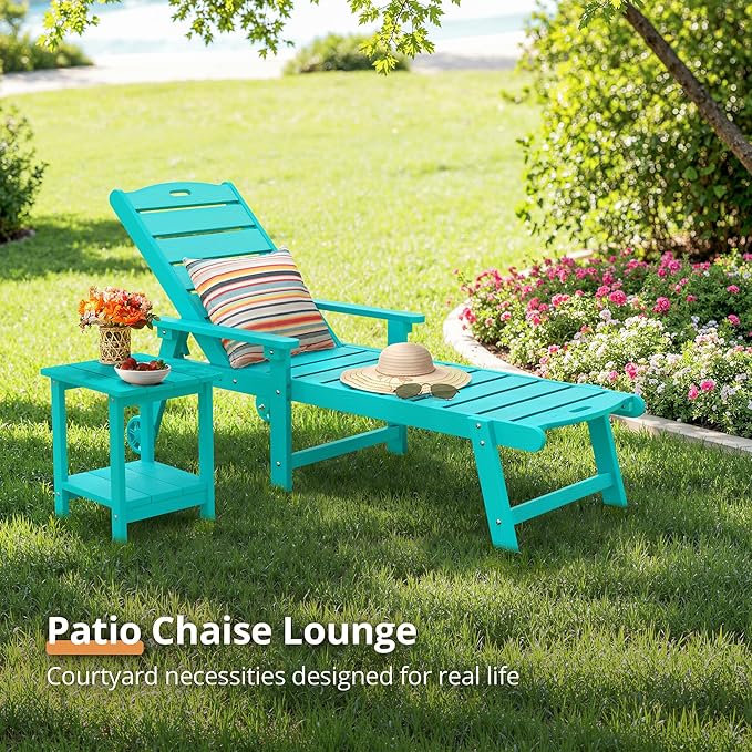 LUE BONA Chaise Lounge Chairs Set with Table, 3-Piece, 79'' Oversized HDPS Chaise Lounger, 5 Positions Adjustable Lounge Chairs, Pool Lounge Chair with Wheels for Poolside, 3 Year Warranty, Aruba Blue