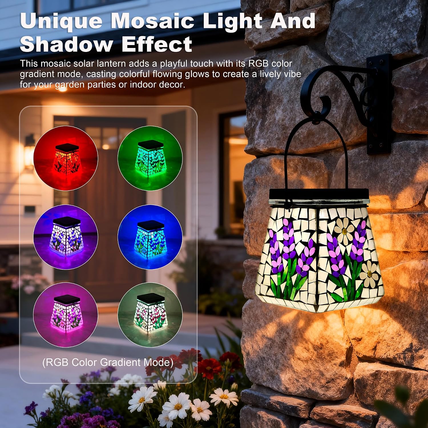 SAVENNA Mosaic Solar Lantern,Handcrafted Glass Outdoor Hanging or Table Lantern,600mAh Long Lasting Garden Light for Patio, Yard & Outdoor Decor– Lavender Pattern