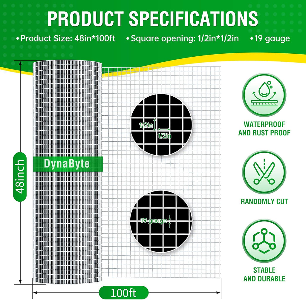 Dynabyte Hardware Cloth 1/2 inch Mesh 4 ft X 100 ft 19 Gauge | Hot-Dip Galvanized, Chicken Wire Fencing, Chicken Wire Mesh Roll, Garden Wire Mesh