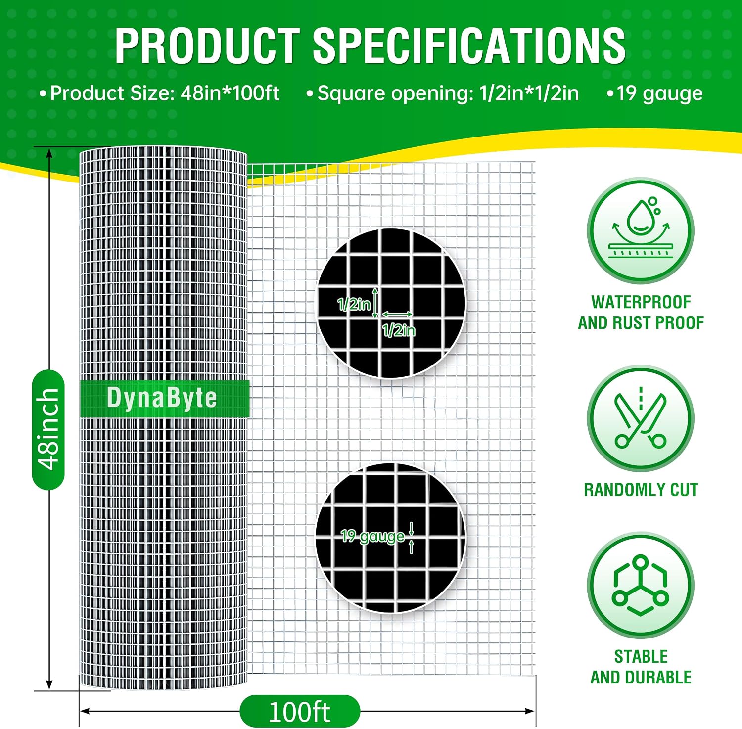 Dynabyte Hardware Cloth 1/2 inch Mesh 4 ft X 100 ft 19 Gauge | Hot-Dip Galvanized, Chicken Wire Fencing, Chicken Wire Mesh Roll, Garden Wire Mesh